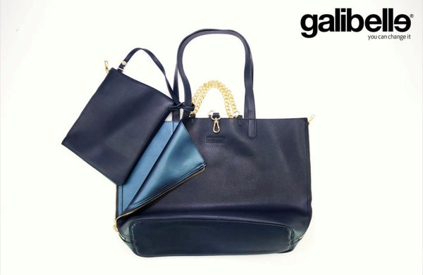 Reversible purse with clutch colors Navy to Metallic blue