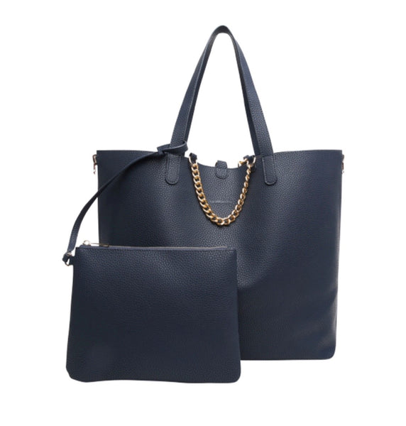 Reversible purse with clutch colors Navy to Metallic blue