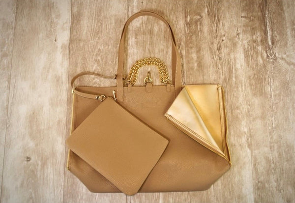 Reversible purse with clutch colors Champagne to Nude