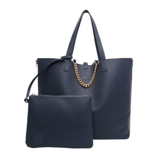 Reversible purse with clutch colors Navy to Metallic blue